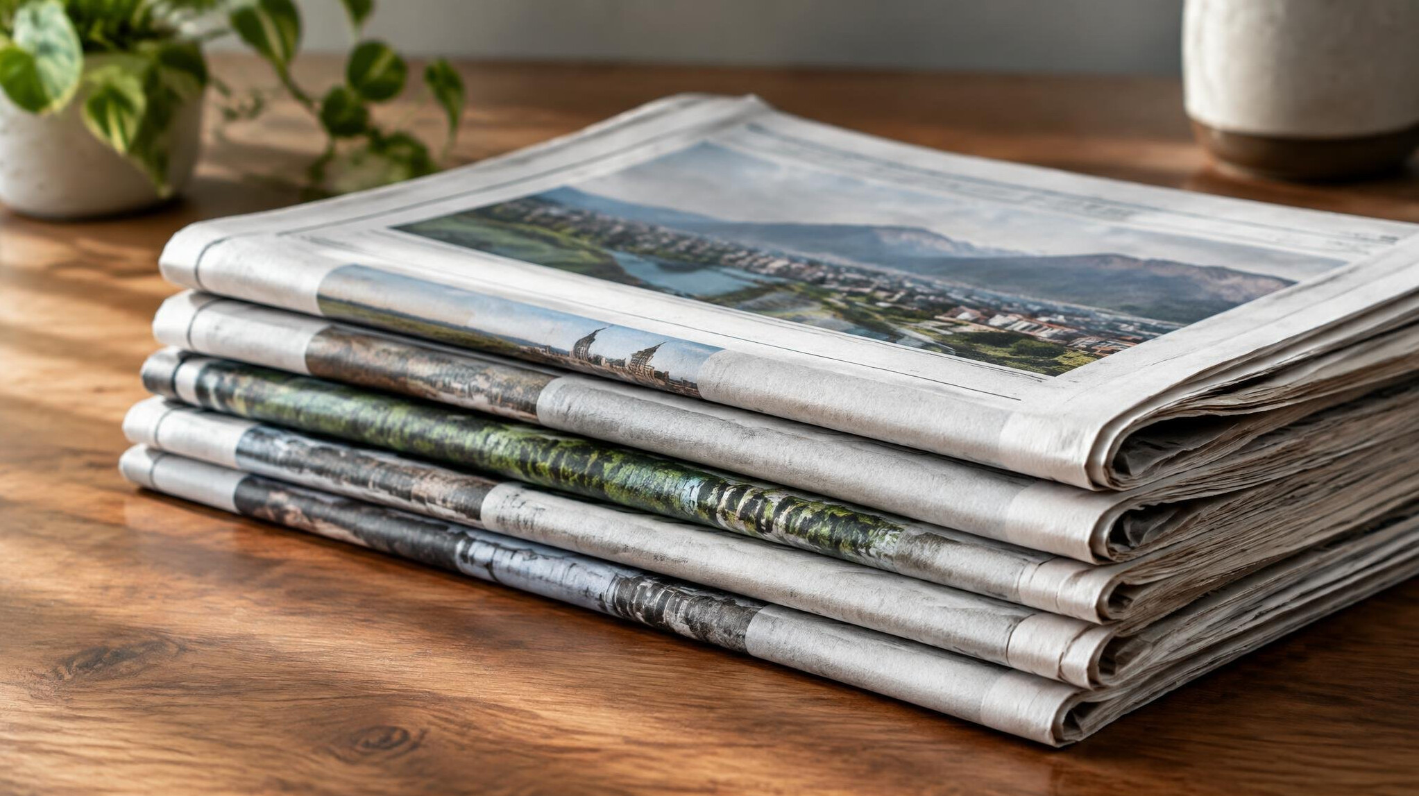 Close-up of a stack of folded newspapers