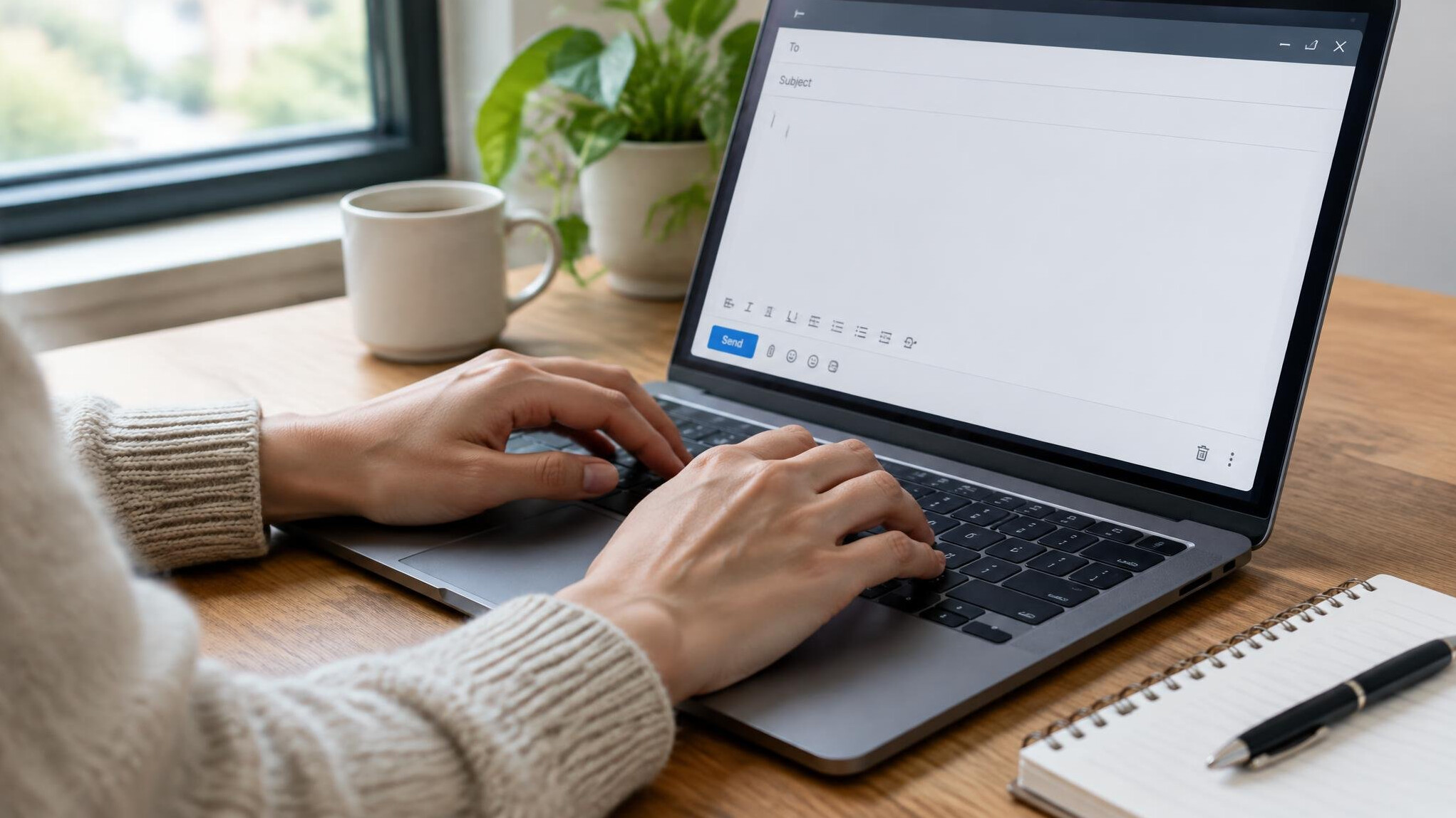 Close-up of hands typing an email on a laptop keyboard