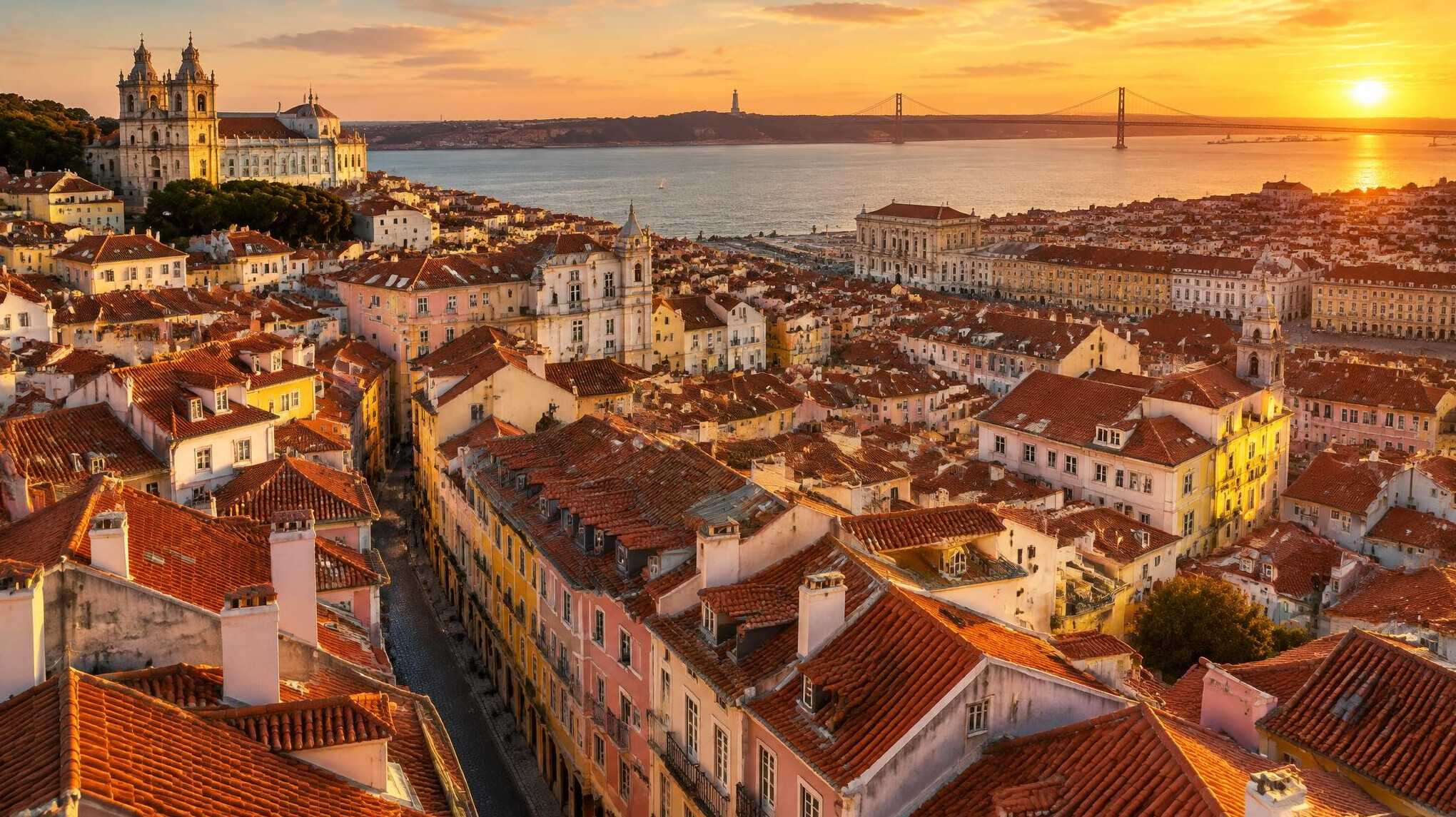 Aerial view of Lisbon rooftops and narrow streets at sunset