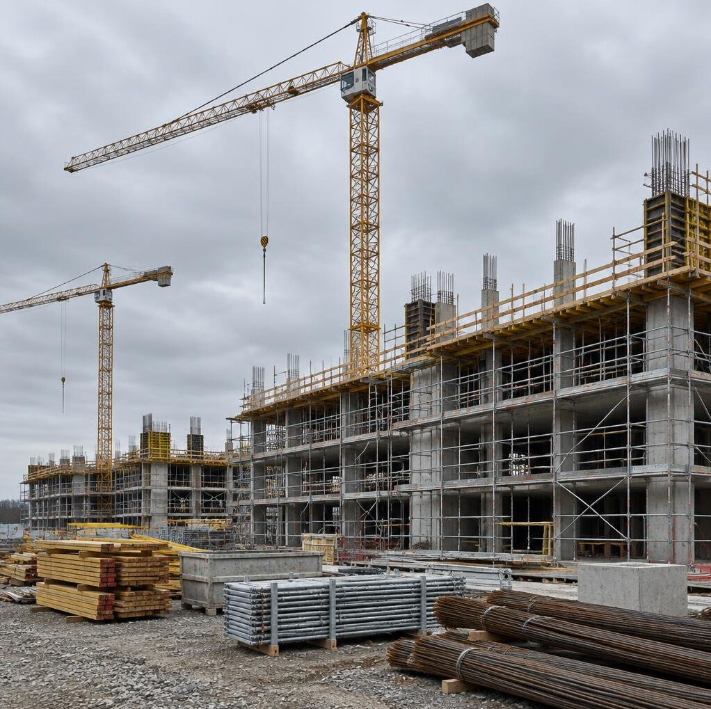 Construction site with cranes against an overcast sky