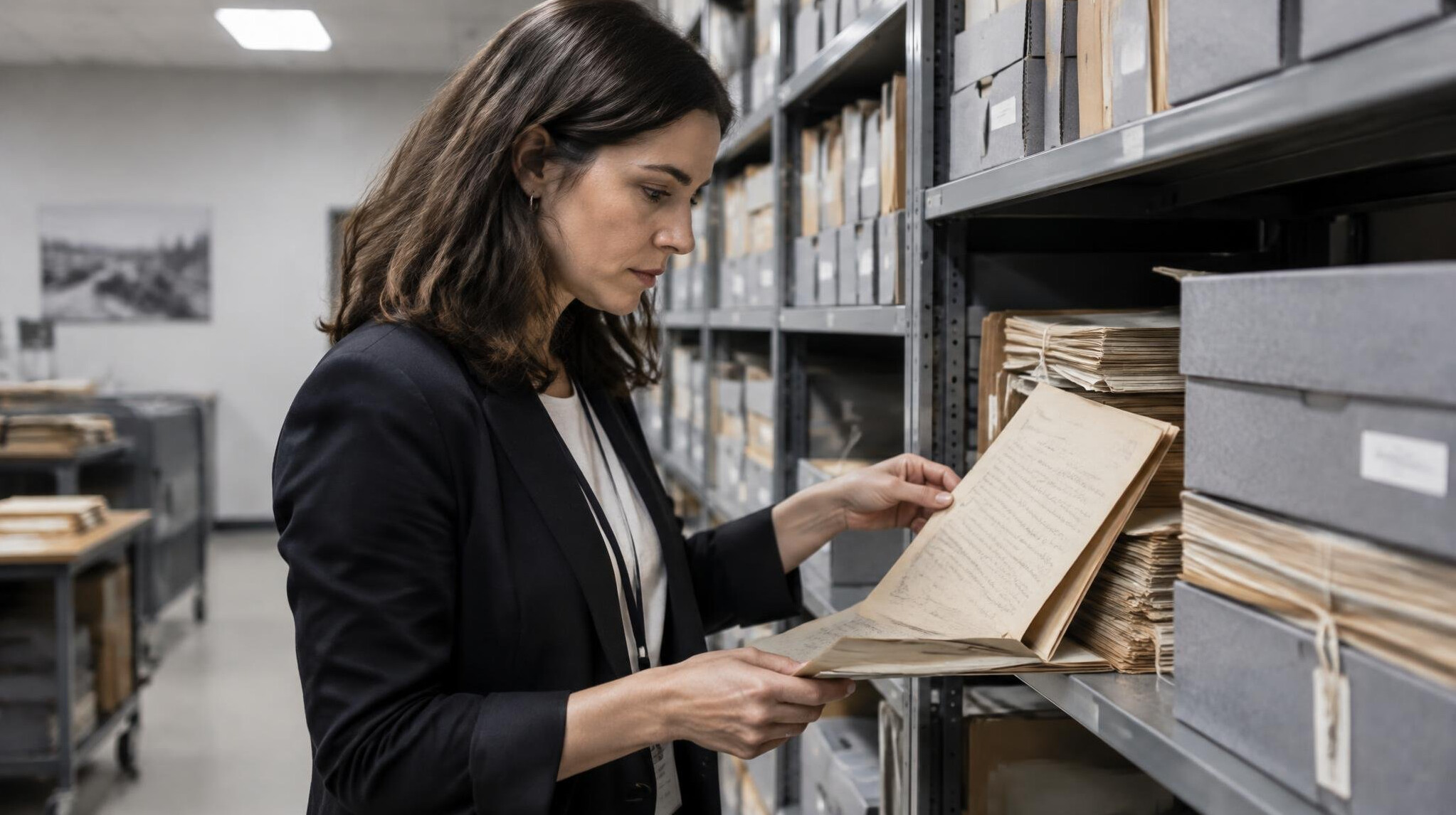 Journalist examining archival documents and folders in a records room