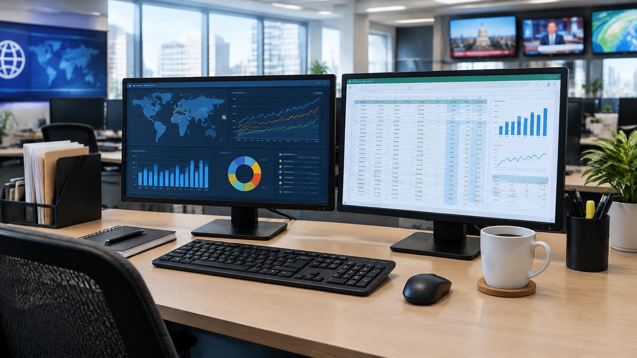 Newsroom desk with multiple monitors showing data dashboards