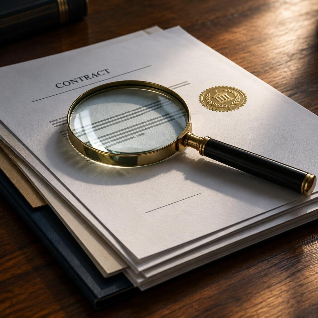 Magnifying glass resting on a stack of official printed documents