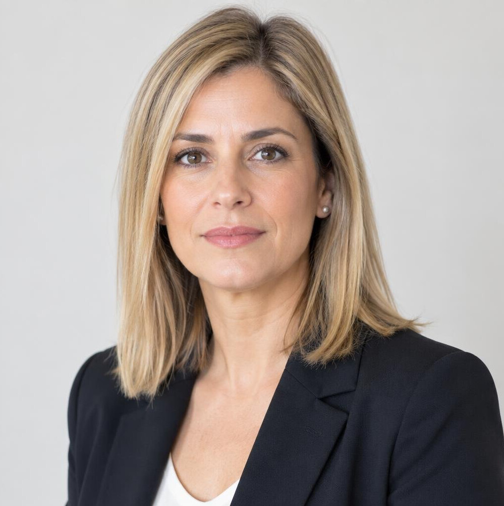 Studio portrait of a Portuguese woman with straight blonde hair