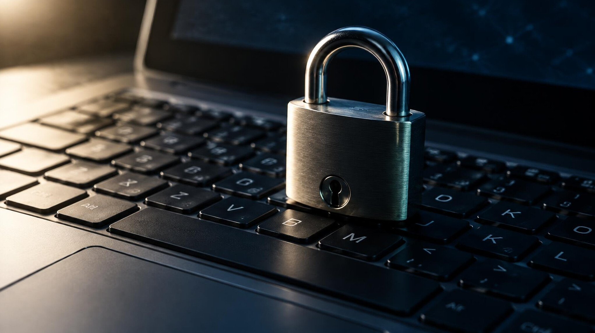 Locked padlock resting on a laptop keyboard